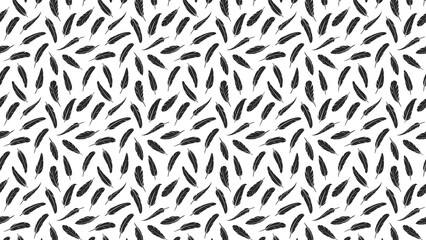 Seamless pattern with black feathers scattered on a white background for textile design use case