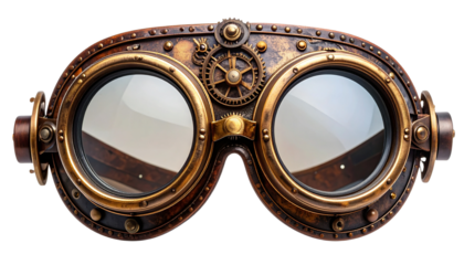 Steampunk goggles isolated on white background, PNG format. Retro-futuristic accessory with metallic frames, gears.