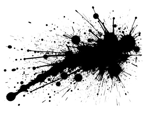 Abstract black ink splatter on white background, dynamic and energetic