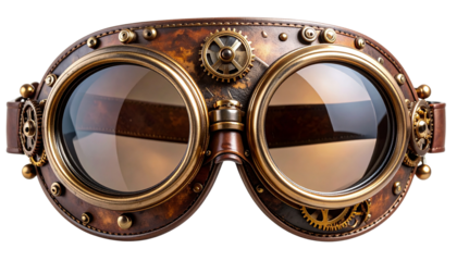Steampunk goggles isolated on white background, PNG format. Retro-futuristic accessory with metallic frames, gears, and tinted lenses—perfect for cosplay, costume design