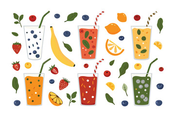 Refreshing Blend of Delights: An enticing array of colorful, fresh smoothies, each glass brimming with vibrant fruits and greenery.