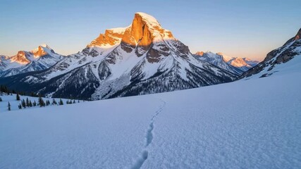 Stunning sunrise over snow-capped mountain peak in Yukon Territory, golden light reflecting on the ridges, winter landscape 4k video. - Powered by Adobe