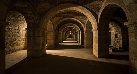 Fototapeta premium Photograph dimly-lit underground ruins or catacombs. Emphasize stone corridors, arches, shadows, and the somber atmosphere of sacred resting places.