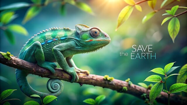 Photo of a vibrant green chameleon perched on a tree branch, symbolizing nature conservation and the importance of saving our planet