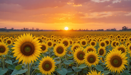 Fototapeta premium sunflower field at sunset with a golden sky and setting sun
