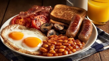 Full English breakfast with fried eggs and bacon, coffee