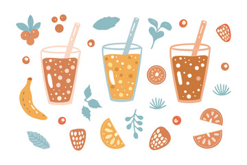 Colorful Smoothie and Fruit Assortment: A visually appealing arrangement of three vibrant smoothies, complemented by an array of fresh fruits, creating a healthy and refreshing composition.