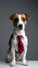 A Jack Russell Terrier sits, dressed in a business suit, against a gray backdrop