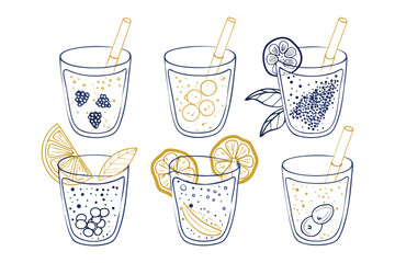 Artistic Beverage Collection: An artistic rendering of an assortment of refreshing beverages, each elegantly presented in clear glasses, offering a vibrant and visually appealing display.