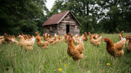 A flock of free-range chickens pecking for feed in a vibrant green field,