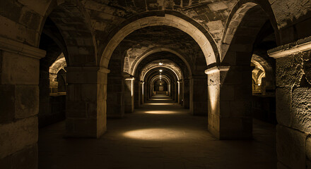 Fototapeta premium Photograph dimly-lit underground ruins or catacombs. Emphasize stone corridors, arches, shadows, and the somber atmosphere of sacred resting places.