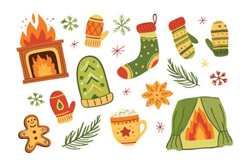 Christmas Decorations: An enchanting assortment of festive embellishments, from roaring fireplace and cozy mittens to stockings and snow flakes, embodying the spirit of the season