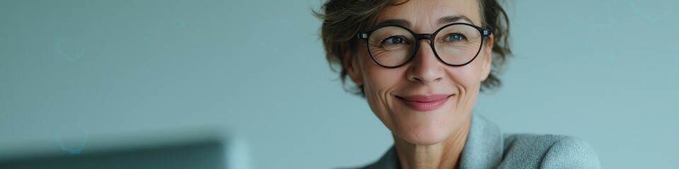 Friendly professional woman with glasses smiles confidently in office environment