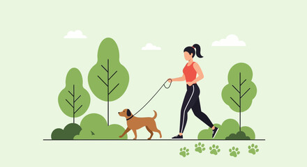 Fototapeta premium Active Woman Enjoys a Relaxing Morning Walk With Her Loyal Dog in the Park