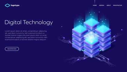 Isometric vector illustration. Abstract data center with artificial intelligence or blockchain background. Digital technology website layout concept.