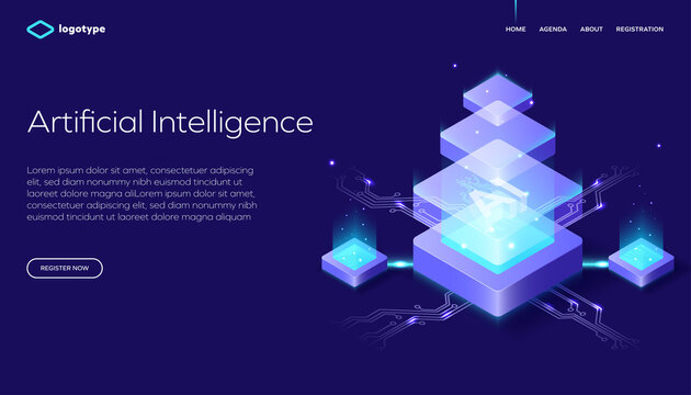 Isometric vector illustration. Abstract data center with artificial intelligence or blockchain background. Network infrastructure website layout concept.