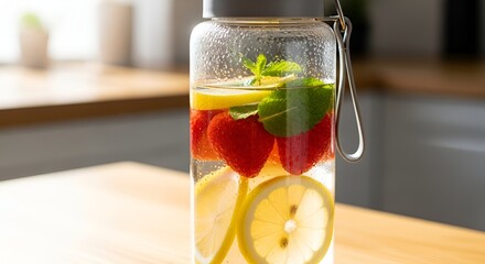 Refreshing infused water with strawberries, lemon, and mint in a clear glass bottle.