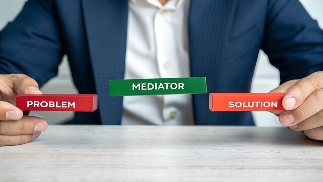 Businessman connecting problem and solution with mediator block, concept of conflict resolution, corporate negotiations, financial dispute settlement, fintech customer support, digital finance trust 