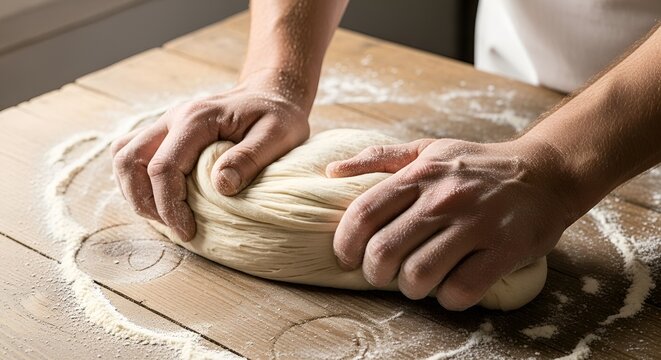 Close-up of hands kneading dough on a wooden surface, preparing it for baking, with flour dusting the table. - Powered by Adobe