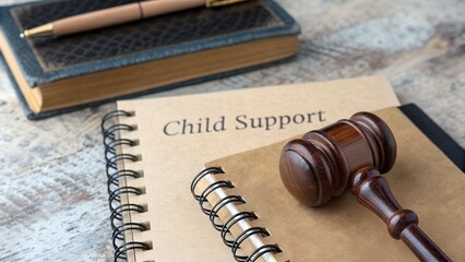 Notebook labeled child support with judge's gavel and legal books on desk. Legal process, family law, financial responsibility. Concept of court ruling, custody agreements, and parental financial