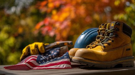 Construction boots with hard hat gloves and american flag on wooden surface