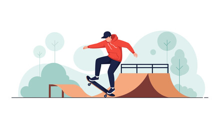 Athletic Skateboarder Performing Trick at Skatepark on Sunny Day Illustration