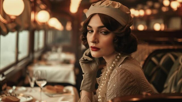 An elegant woman in the Orient Express train restaurant