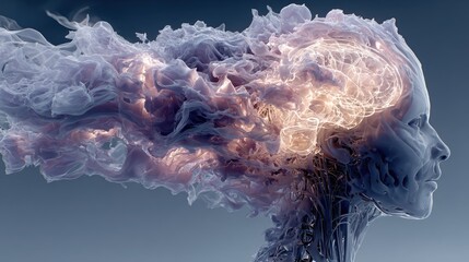 Conceptual 3D image depicting a human profile with an illuminated brain and ethereal smoke
