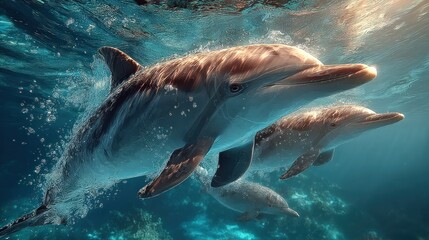 Fototapeta premium Underwater view of three playful dolphins gracefully swimming through the turquoise ocean water, capturing their elegance.
