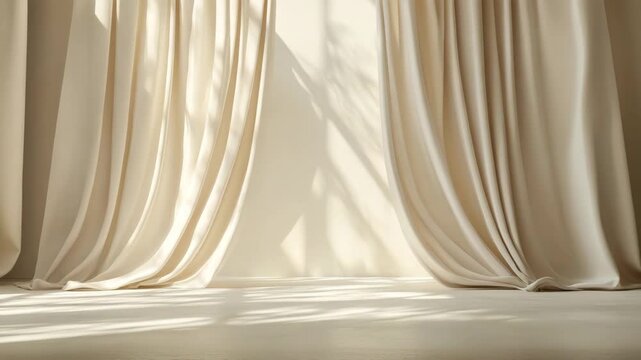 Soft beige curtain and elegant cream drapery with smooth fabric texture filter sunlight, casting gentle shadow patterns minimal interior, creating peaceful, cozy, and serene atmosphere modern living