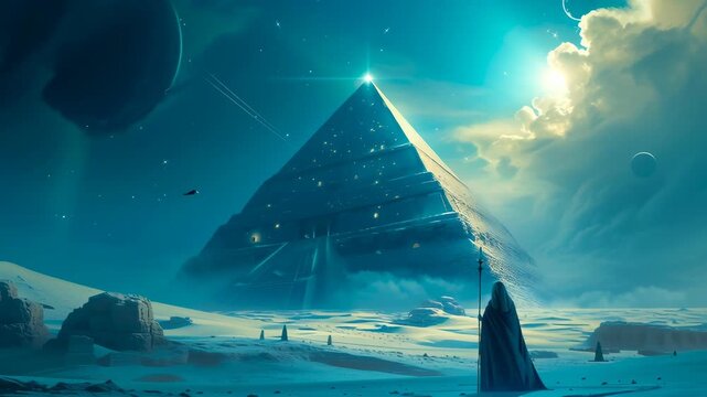 A pyramid of wisdom, surrounded by planets. Eternal temple of wisdom, esoteric, hermetic and cabal fantasy concept.