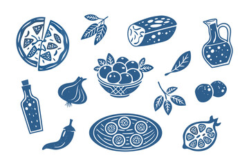 Gourmet Food elements in illustration: A collection of iconic gourmet food elements is displayed with clean design style, celebrating the vibrant flavors and enticing aesthetics of culinary art. 