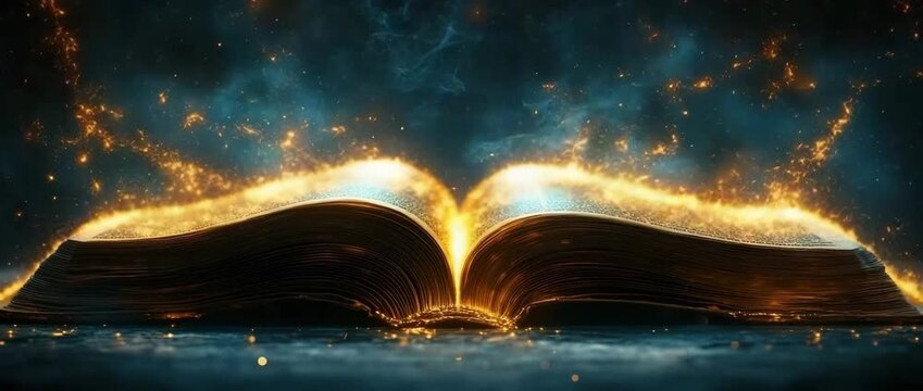 Magical book glowing with golden light open dark surface, surrounded by sparkling particles and mystical atmosphere, evoking wonder and fantasy, mysterious sparkles and fantasy atmosphere