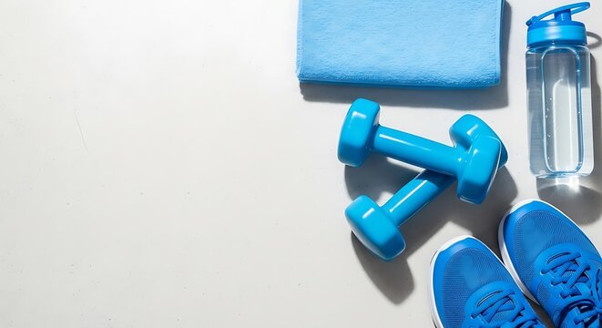 Bright blue fitness gear including dumbbells water bottle and athletic shoes