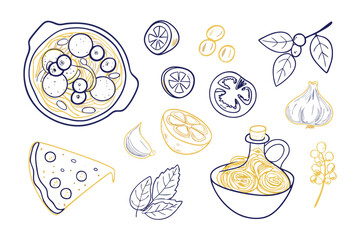 Culinary Composition: A visually enticing array of culinary elements including a bowl of pasta, pizza, lemon slices, tomatoes and more, artfully arranged to stir appetite.