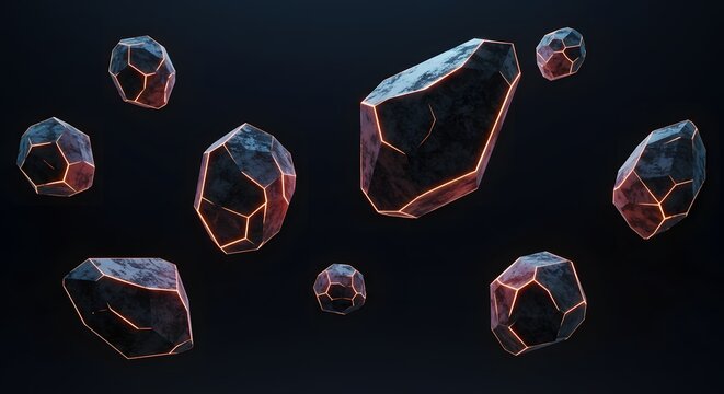 A collection of dark, faceted asteroids with glowing orange magma cracks floating in deep space.