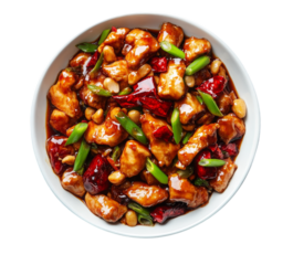 Deliciously authentic kung pao chicken served in a white bowl with transparent background
