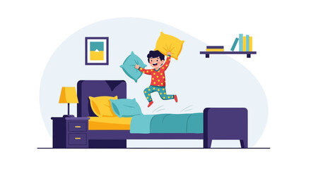 Boy Enjoys A Pillow Fight In His Room On The Bed Of His House