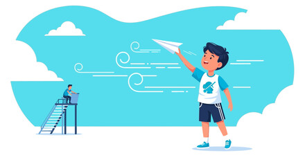 Boy Flying Paper Airplane Against a Bright Blue Sky with Clouds and Wind