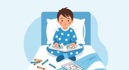 Boy In Pajamas Coloring Book On Bed In A Serene Bedroom Scene