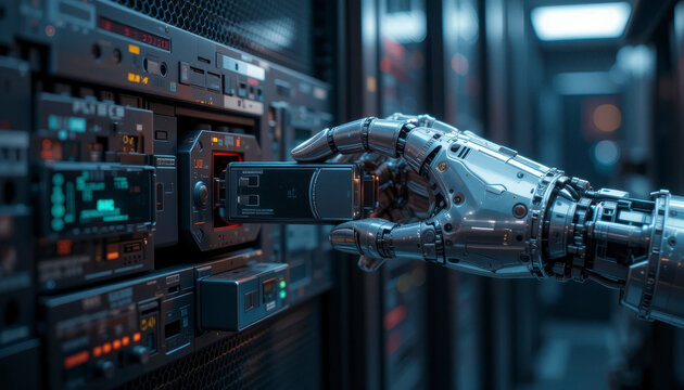 A highly detailed robotic hand inserting a data cartridge into a server rack, symbolizing automated data management and cyber security in a data center