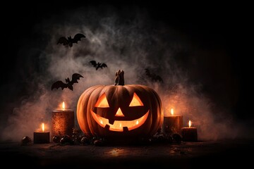 Lit jackolantern with candles bats and smoke