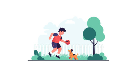 Fototapeta premium Boy Plays Basketball With His Dog In The Garden On Summer Vacation