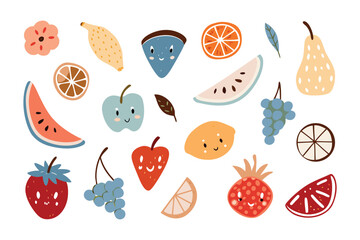 Whimsical Fruit Assortment: An artistic and joyful arrangement of colorful fruits, each rendered with charming cartoon expressions, creating a playful and appetizing feast.