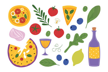 Delicious Culinary Delights: A vibrant collection of delectable food items, featuring a whole pizza, pizza slices, ripe tomatoes, olives, spinach, and wine bottle for culinary joy.