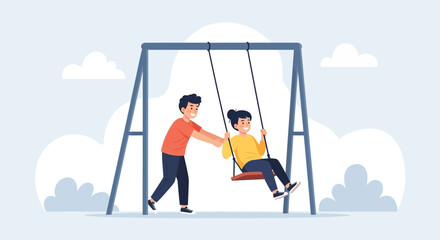 Fototapeta premium Boy Pushing a Smiling Girl on a Swing Set Outdoor Playtime Fun