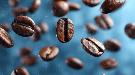 Floating coffee beans against a blurred blue background, creating a dynamic and vibrant coffee theme