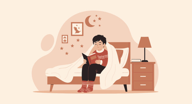 Boy Reads Book Before Bedtime In Cozy Bedroom At Night