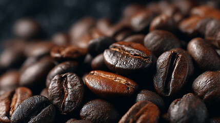 Fototapeta premium Close-up view of roasted coffee beans scattered on a dark surface, highlighting texture and color