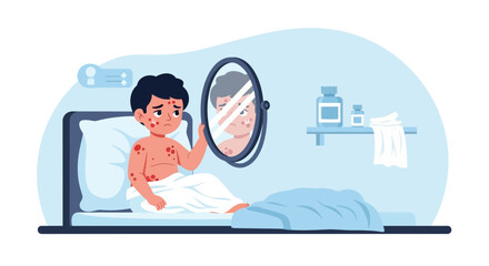 Boy Sick With Rash Looks In Mirror With Sadness And Frustration